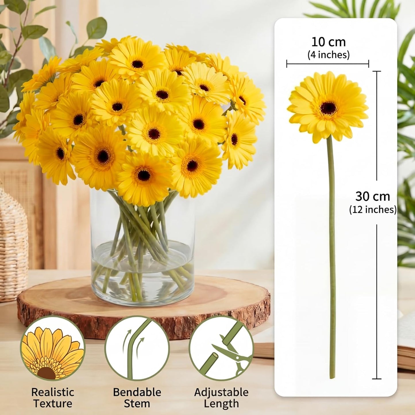 35 Pcs Artificial Gerbera Daisy Flowers with Bendable Stems 12 Inch PU Faux Gerbera Flowers Bouquet Fake Daisies for Wedding Home Party DIY Floral Arrangements(Yellow)