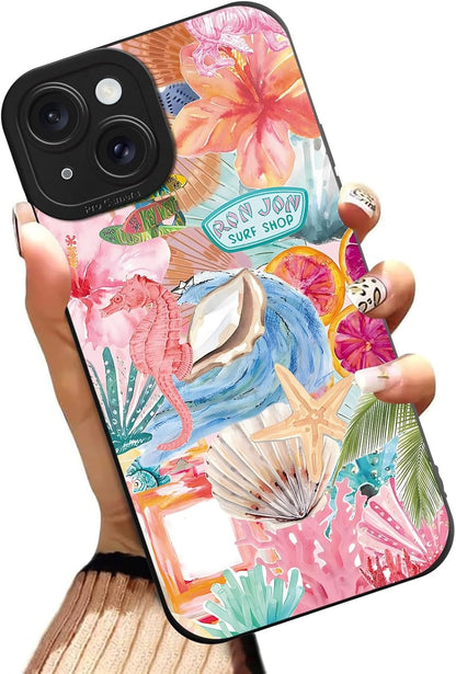 Preppy Beach Summer Pink Collage Phone Case for iPhone 15 6.1", Aesthetic Coastal Seashell Flower Lemon Cases Scratch Resistant Shockproof Protective Girly Funda for Girls Women