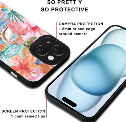 Preppy Beach Summer Pink Collage Phone Case for iPhone 15 6.1", Aesthetic Coastal Seashell Flower Lemon Cases Scratch Resistant Shockproof Protective Girly Funda for Girls Women
