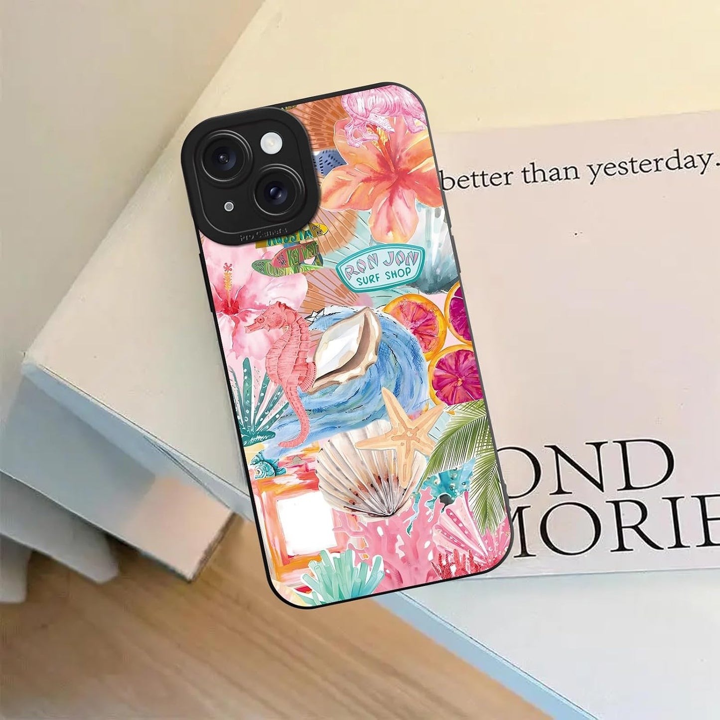 Preppy Beach Summer Pink Collage Phone Case for iPhone 15 6.1", Aesthetic Coastal Seashell Flower Lemon Cases Scratch Resistant Shockproof Protective Girly Funda for Girls Women