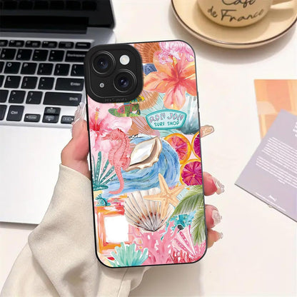 Preppy Beach Summer Pink Collage Phone Case for iPhone 15 6.1", Aesthetic Coastal Seashell Flower Lemon Cases Scratch Resistant Shockproof Protective Girly Funda for Girls Women