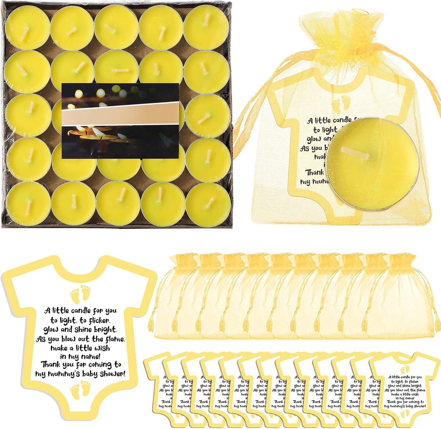50 Set Baby Shower Party Candles Gift for Guests Cute Tea Lights Candle Decorations with Thank You Cards Organza Bags for Girl Boy Baby Shower Gender Reveal Favors(Yellow)
