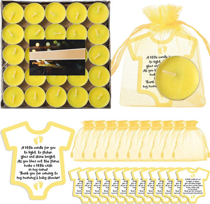 50 Set Baby Shower Party Candles Gift for Guests Cute Tea Lights Candle Decorations with Thank You Cards Organza Bags for Girl Boy Baby Shower Gender Reveal Favors(Yellow)