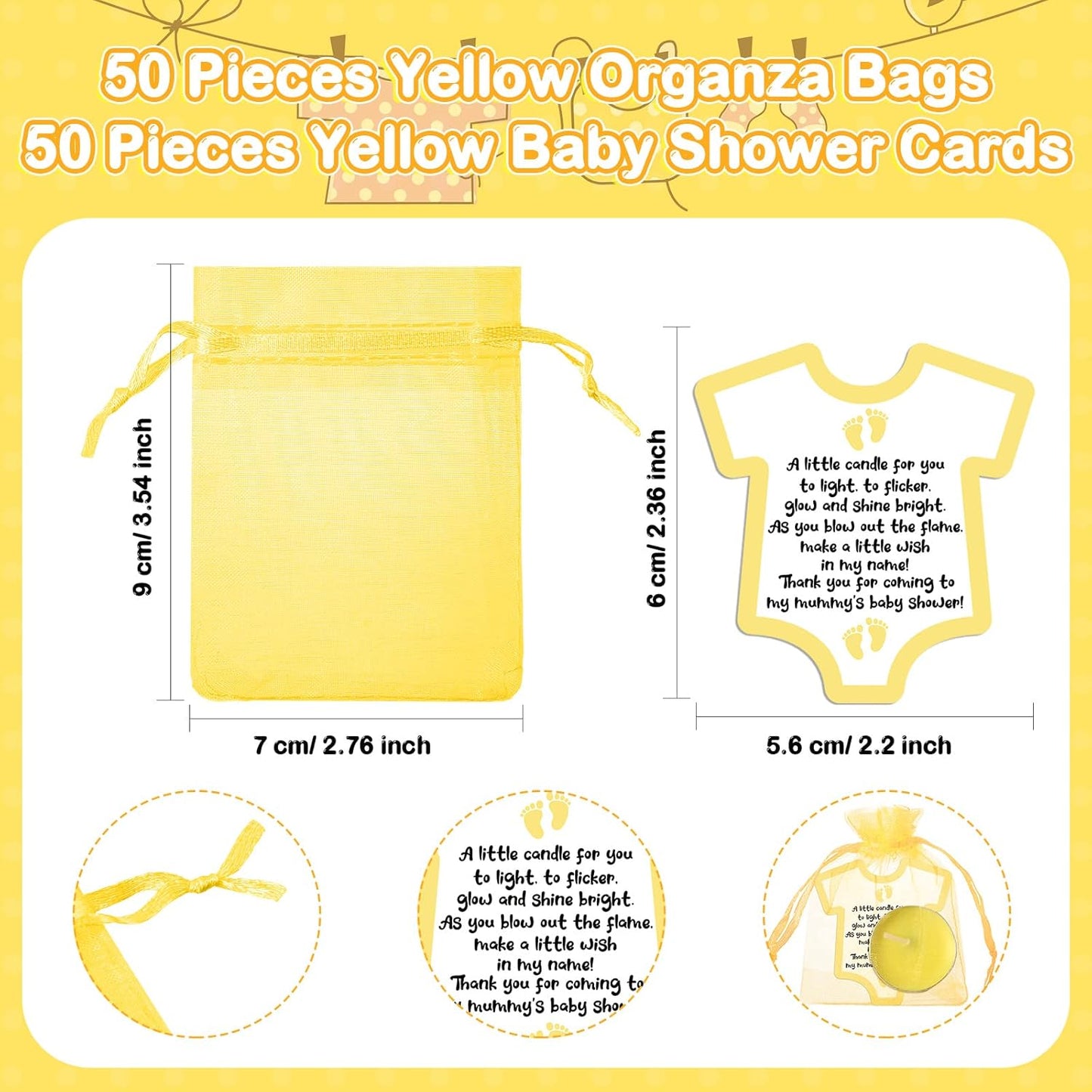 50 Set Baby Shower Party Candles Gift for Guests Cute Tea Lights Candle Decorations with Thank You Cards Organza Bags for Girl Boy Baby Shower Gender Reveal Favors(Yellow)