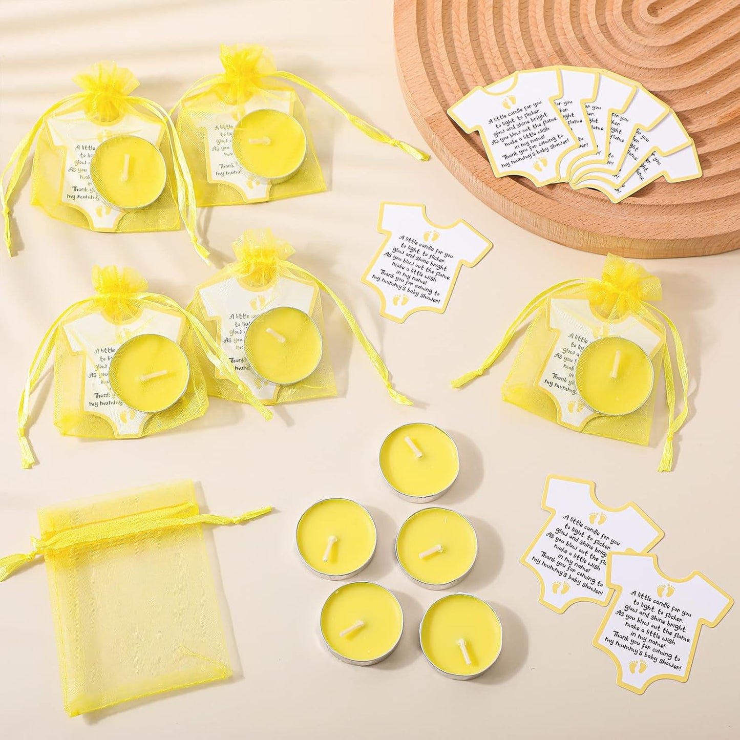 50 Set Baby Shower Party Candles Gift for Guests Cute Tea Lights Candle Decorations with Thank You Cards Organza Bags for Girl Boy Baby Shower Gender Reveal Favors(Yellow)