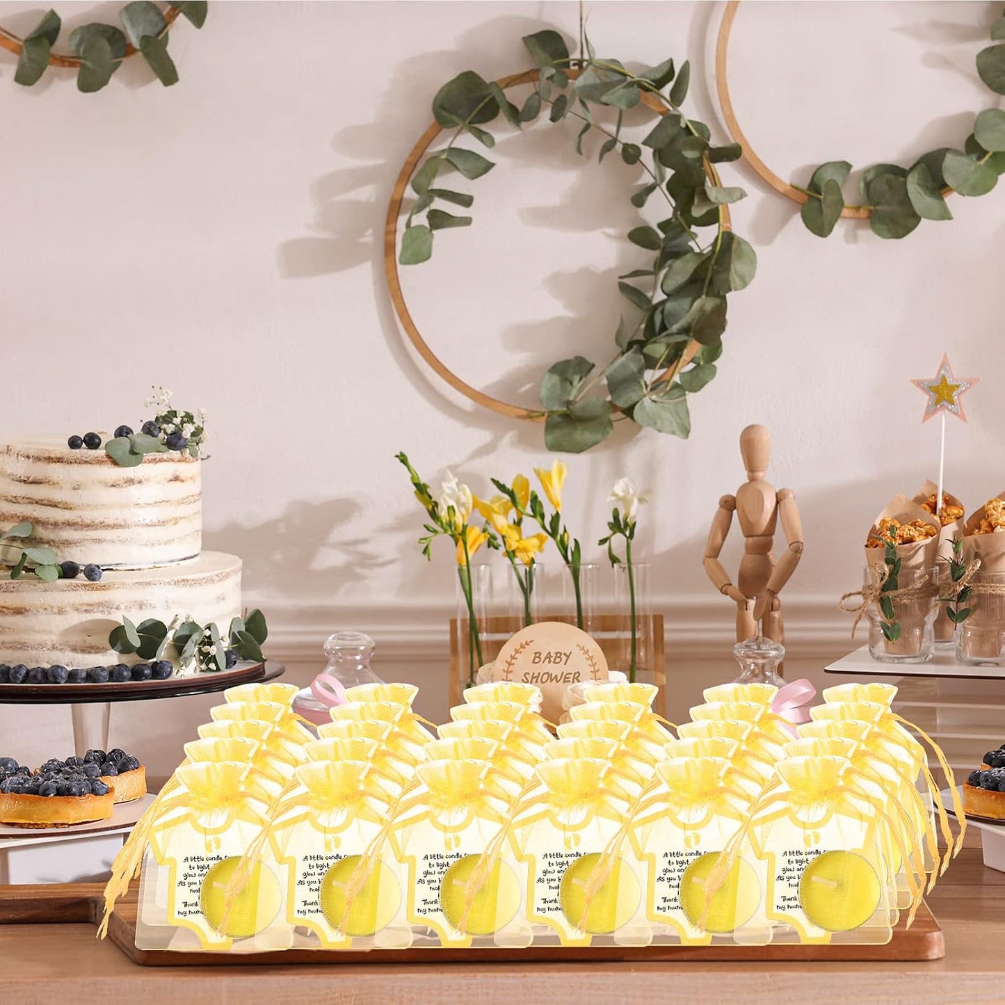 50 Set Baby Shower Party Candles Gift for Guests Cute Tea Lights Candle Decorations with Thank You Cards Organza Bags for Girl Boy Baby Shower Gender Reveal Favors(Yellow)