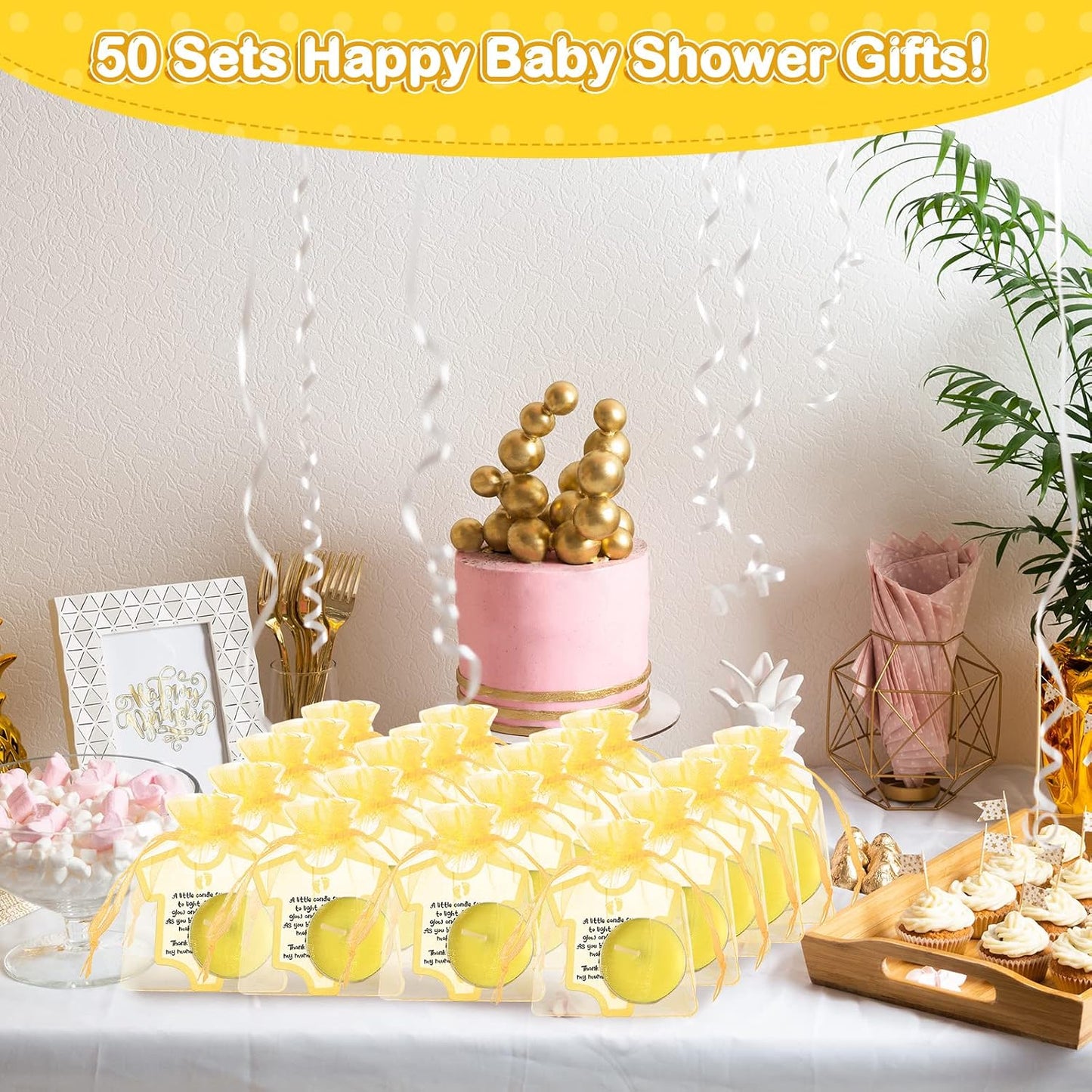 50 Set Baby Shower Party Candles Gift for Guests Cute Tea Lights Candle Decorations with Thank You Cards Organza Bags for Girl Boy Baby Shower Gender Reveal Favors(Yellow)