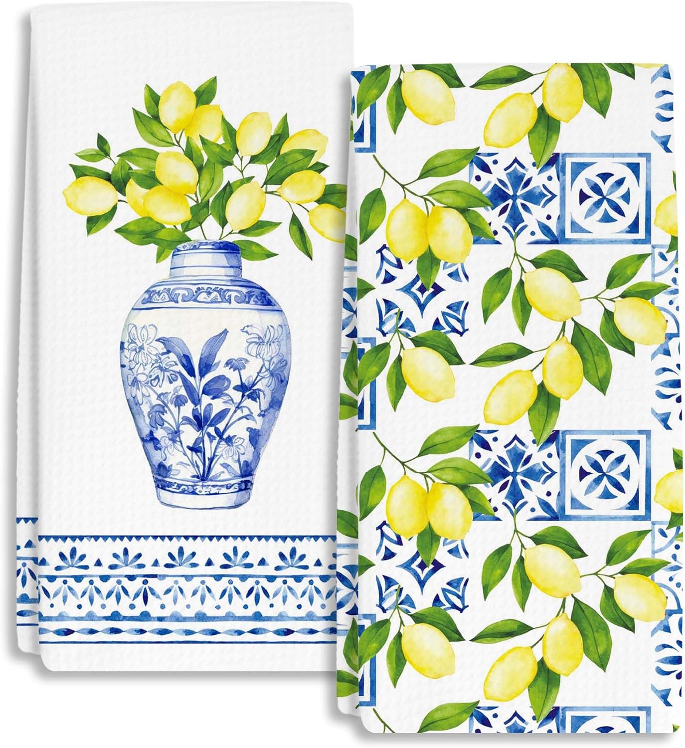 Blue and White Chinoiserie Lemon Kitchen Towels Dish Towels Dishcloth, Summer Decor for Kitchen Bathroom Home, 16 x 24 Seasonal Holiday Farmhouse Decoration Hand Towels Set of 2. (131)