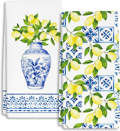 Blue and White Chinoiserie Lemon Kitchen Towels Dish Towels Dishcloth, Summer Decor for Kitchen Bathroom Home, 16 x 24 Seasonal Holiday Farmhouse Decoration Hand Towels Set of 2. (131)