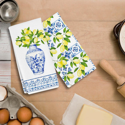 Blue and White Chinoiserie Lemon Kitchen Towels Dish Towels Dishcloth, Summer Decor for Kitchen Bathroom Home, 16 x 24 Seasonal Holiday Farmhouse Decoration Hand Towels Set of 2. (131)
