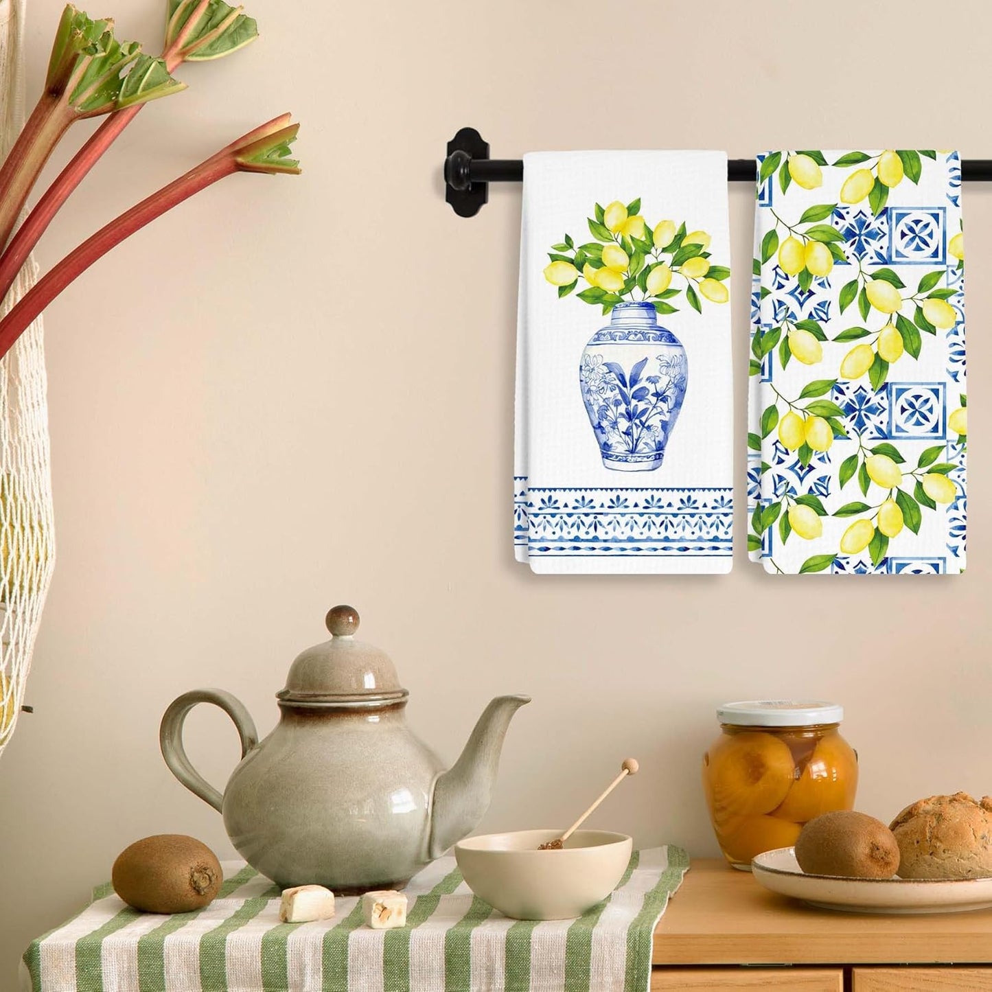 Blue and White Chinoiserie Lemon Kitchen Towels Dish Towels Dishcloth, Summer Decor for Kitchen Bathroom Home, 16 x 24 Seasonal Holiday Farmhouse Decoration Hand Towels Set of 2. (131)