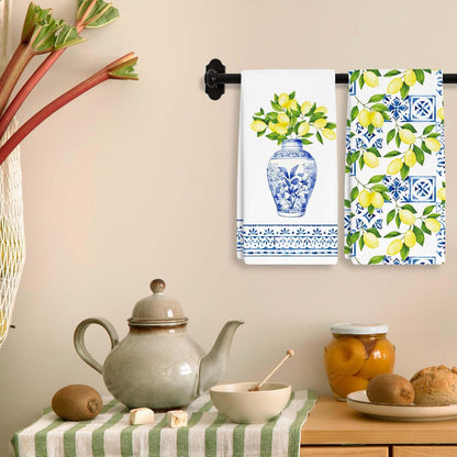 Blue and White Chinoiserie Lemon Kitchen Towels Dish Towels Dishcloth, Summer Decor for Kitchen Bathroom Home, 16 x 24 Seasonal Holiday Farmhouse Decoration Hand Towels Set of 2. (131)
