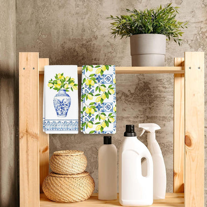Blue and White Chinoiserie Lemon Kitchen Towels Dish Towels Dishcloth, Summer Decor for Kitchen Bathroom Home, 16 x 24 Seasonal Holiday Farmhouse Decoration Hand Towels Set of 2. (131)