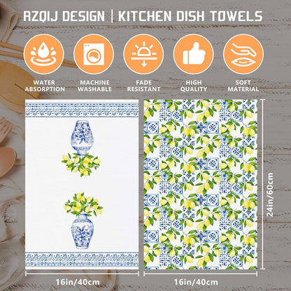 Blue and White Chinoiserie Lemon Kitchen Towels Dish Towels Dishcloth, Summer Decor for Kitchen Bathroom Home, 16 x 24 Seasonal Holiday Farmhouse Decoration Hand Towels Set of 2. (131)