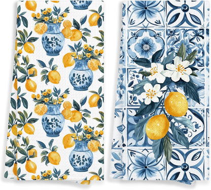 Italian Lemon Dish Towels Set of 2, Lemon Themed Gifts Hand Towels for Bathroom, Mediterranean Fruit Floral Decorative Kitchen Hand Tea Towels for Kitchen Home Decor 16x24in