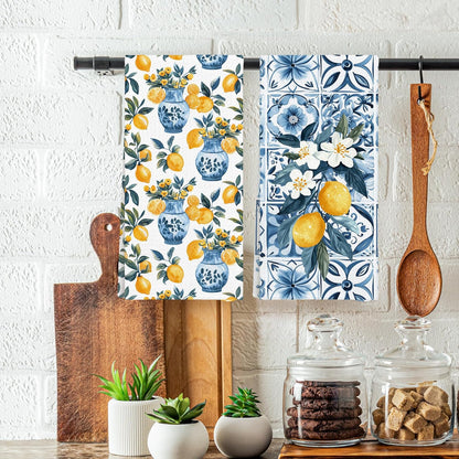 Italian Lemon Dish Towels Set of 2, Lemon Themed Gifts Hand Towels for Bathroom, Mediterranean Fruit Floral Decorative Kitchen Hand Tea Towels for Kitchen Home Decor 16x24in