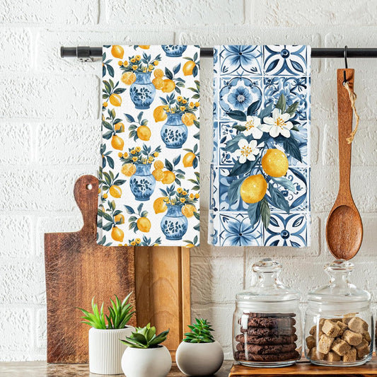 Italian Lemon Dish Towels Set of 2, Lemon Themed Gifts Hand Towels for Bathroom, Mediterranean Fruit Floral Decorative Kitchen Hand Tea Towels for Kitchen Home Decor 16x24in