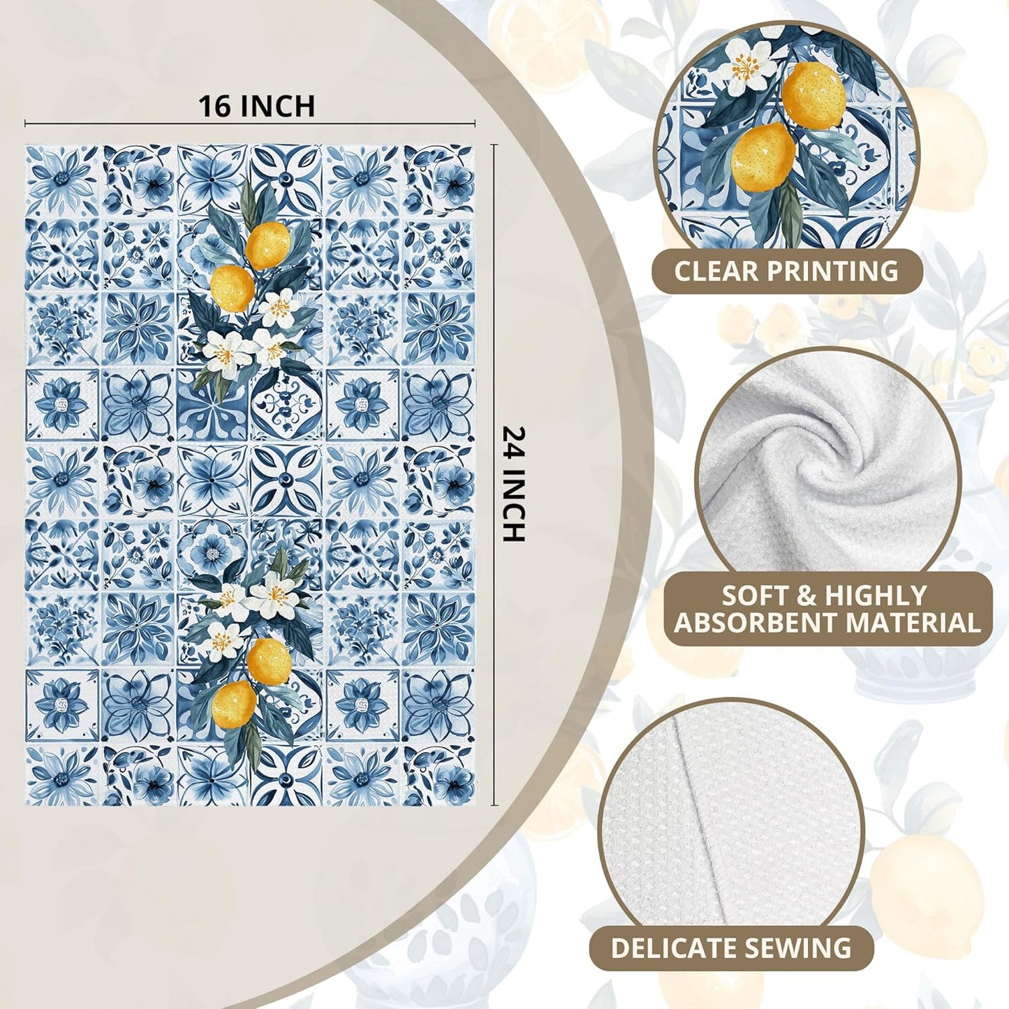 Italian Lemon Dish Towels Set of 2, Lemon Themed Gifts Hand Towels for Bathroom, Mediterranean Fruit Floral Decorative Kitchen Hand Tea Towels for Kitchen Home Decor 16x24in