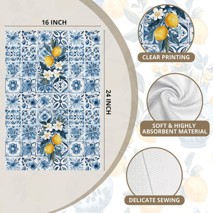 Italian Lemon Dish Towels Set of 2, Lemon Themed Gifts Hand Towels for Bathroom, Mediterranean Fruit Floral Decorative Kitchen Hand Tea Towels for Kitchen Home Decor 16x24in
