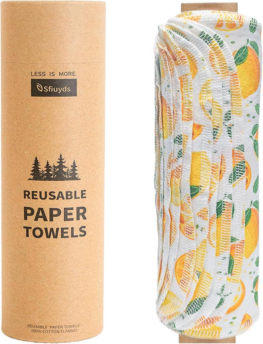 Reusable Paper Towels Washable，Pack of 12 Paperless Napkins Flannel Cotton Cloth 10"X12"with Cardboard Roll，Made to Last - Cut Back and Waste Less Eco Friendly（Lemons）