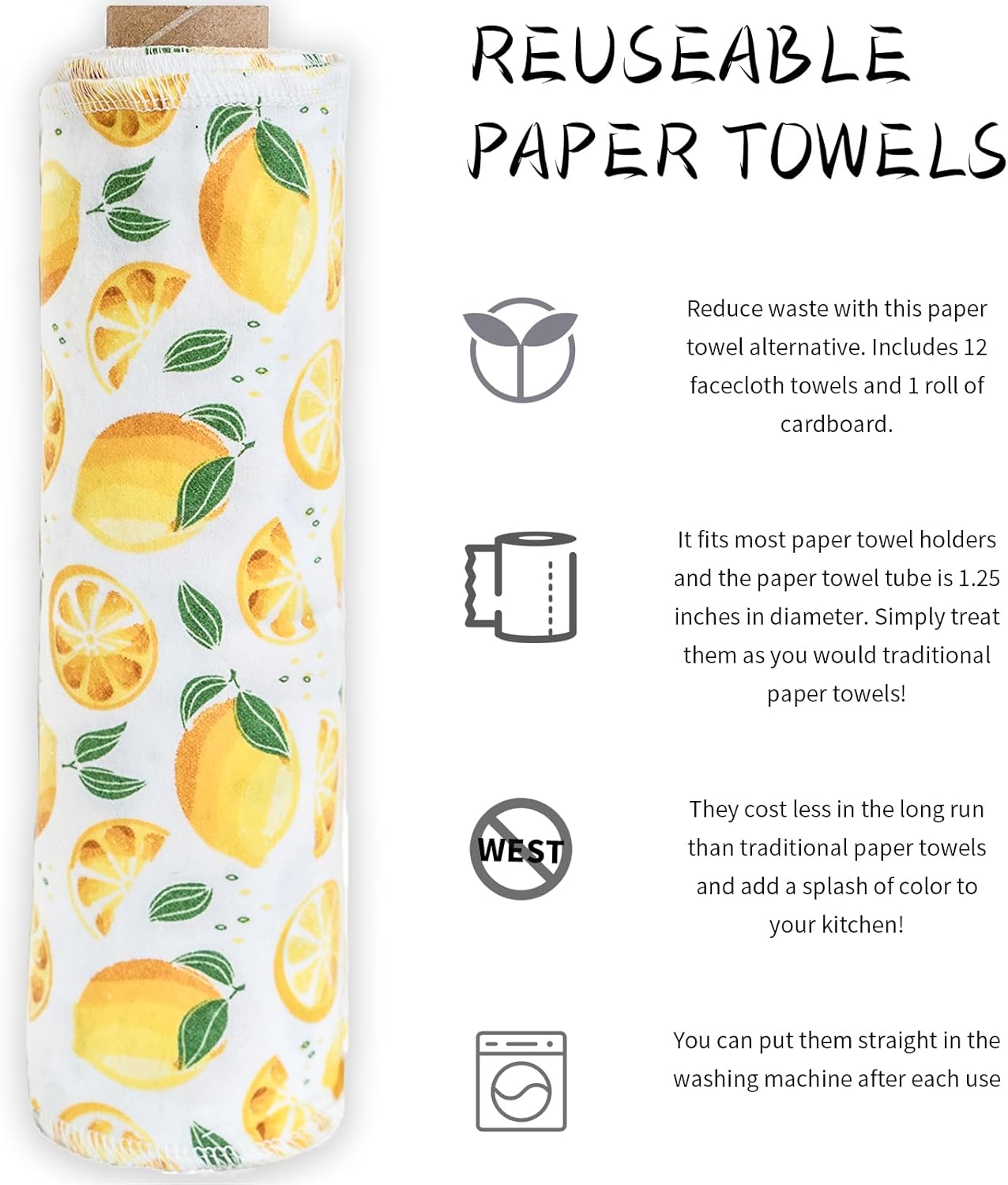 Reusable Paper Towels Washable，Pack of 12 Paperless Napkins Flannel Cotton Cloth 10"X12"with Cardboard Roll，Made to Last - Cut Back and Waste Less Eco Friendly（Lemons）