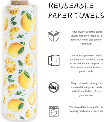 Reusable Paper Towels Washable，Pack of 12 Paperless Napkins Flannel Cotton Cloth 10"X12"with Cardboard Roll，Made to Last - Cut Back and Waste Less Eco Friendly（Lemons）