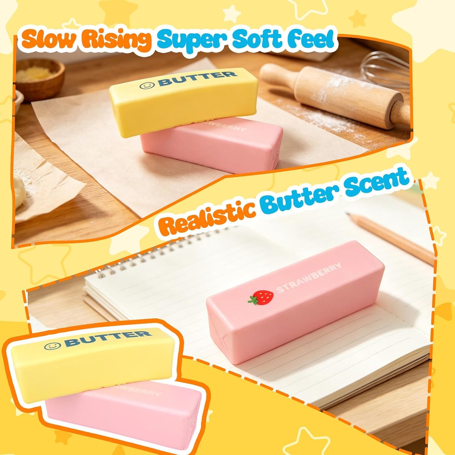 2pcs Pink Yellow Butter Slow Rising Squishy,Butter Stick Soft Slow Rising Squishy Butter Squeeze Toys Pack, Soft and Stretchy Sensory Fidget Toys for Anxiety and Stress Relief, Party Favors