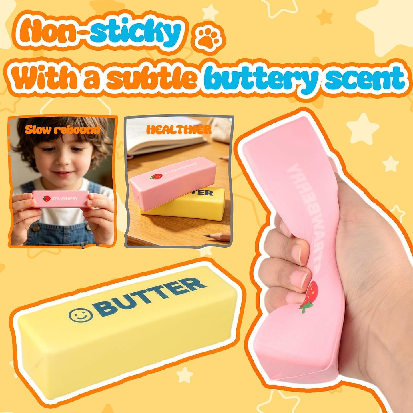 2pcs Pink Yellow Butter Slow Rising Squishy,Butter Stick Soft Slow Rising Squishy Butter Squeeze Toys Pack, Soft and Stretchy Sensory Fidget Toys for Anxiety and Stress Relief, Party Favors