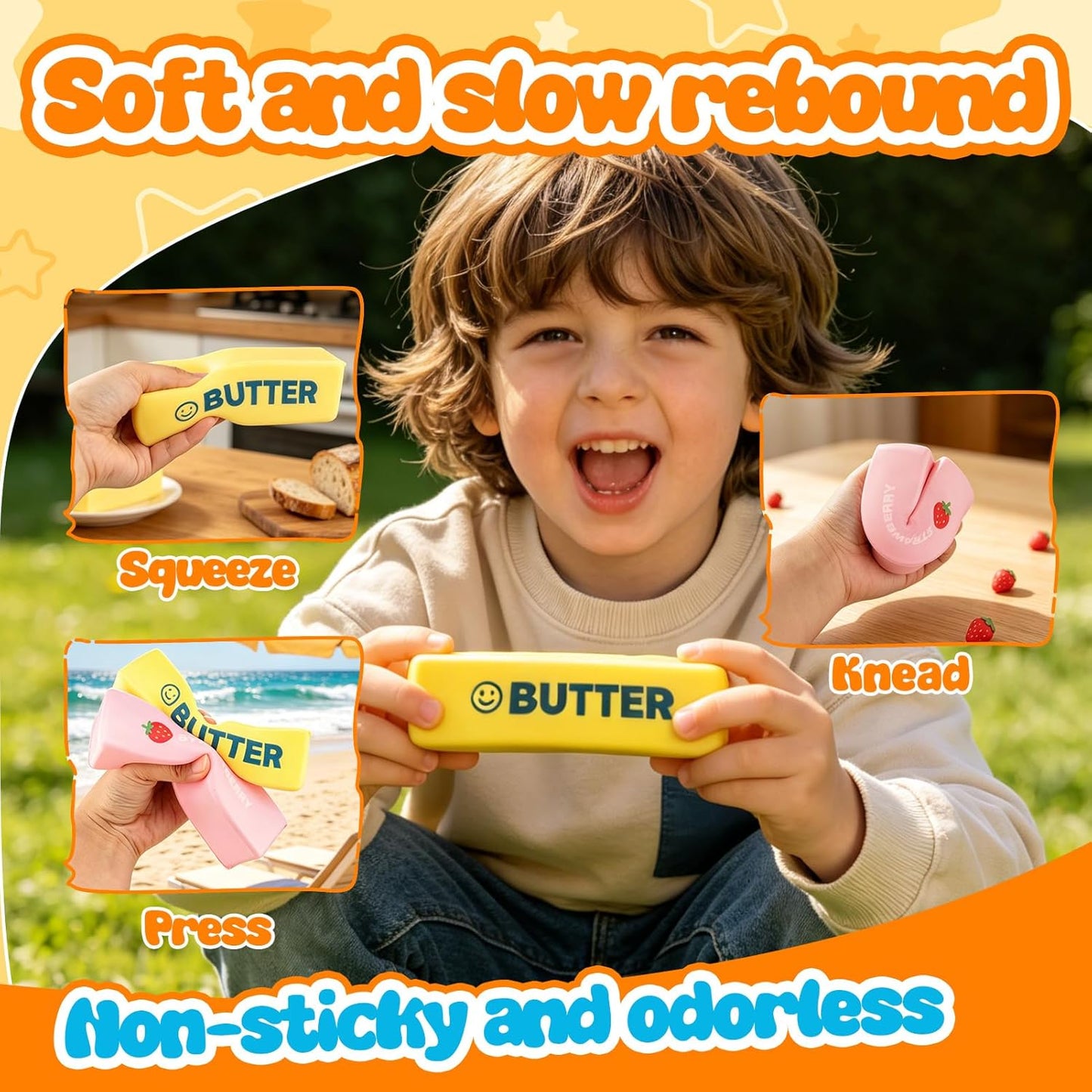 2pcs Pink Yellow Butter Slow Rising Squishy,Butter Stick Soft Slow Rising Squishy Butter Squeeze Toys Pack, Soft and Stretchy Sensory Fidget Toys for Anxiety and Stress Relief, Party Favors