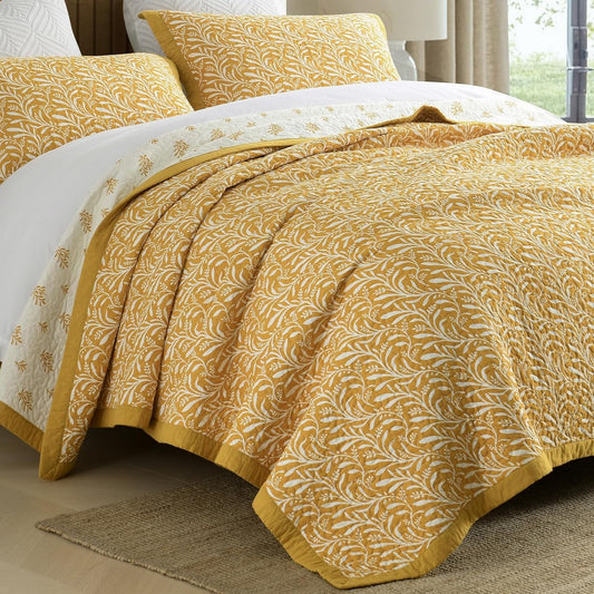 Quilt Set King Size, 100% Cotton Quilt Bedding Set Bedspread, Botanical Pattern Solid Color Chic Lightweight Quilted Comforter for King Bed, Mustard Yellow, All Season, 3 Pieces