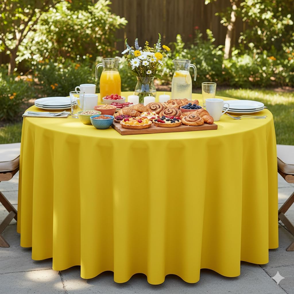 108 Inch Round Premium Polyester Tablecloth - Canary Yellow, Linen Table Cloth for Standard Round Tables