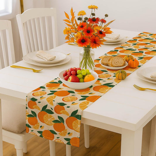 Orange Lemon Citrus Table Runner 13x72 Inch Burlap Farmhouse Dining Table Decor Pattern on Background Kitchen and Home Decoration for Spring Summer Gatherings