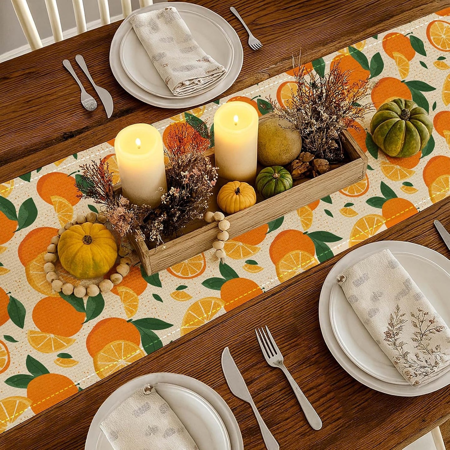 Orange Lemon Citrus Table Runner 13x72 Inch Burlap Farmhouse Dining Table Decor Pattern on Background Kitchen and Home Decoration for Spring Summer Gatherings