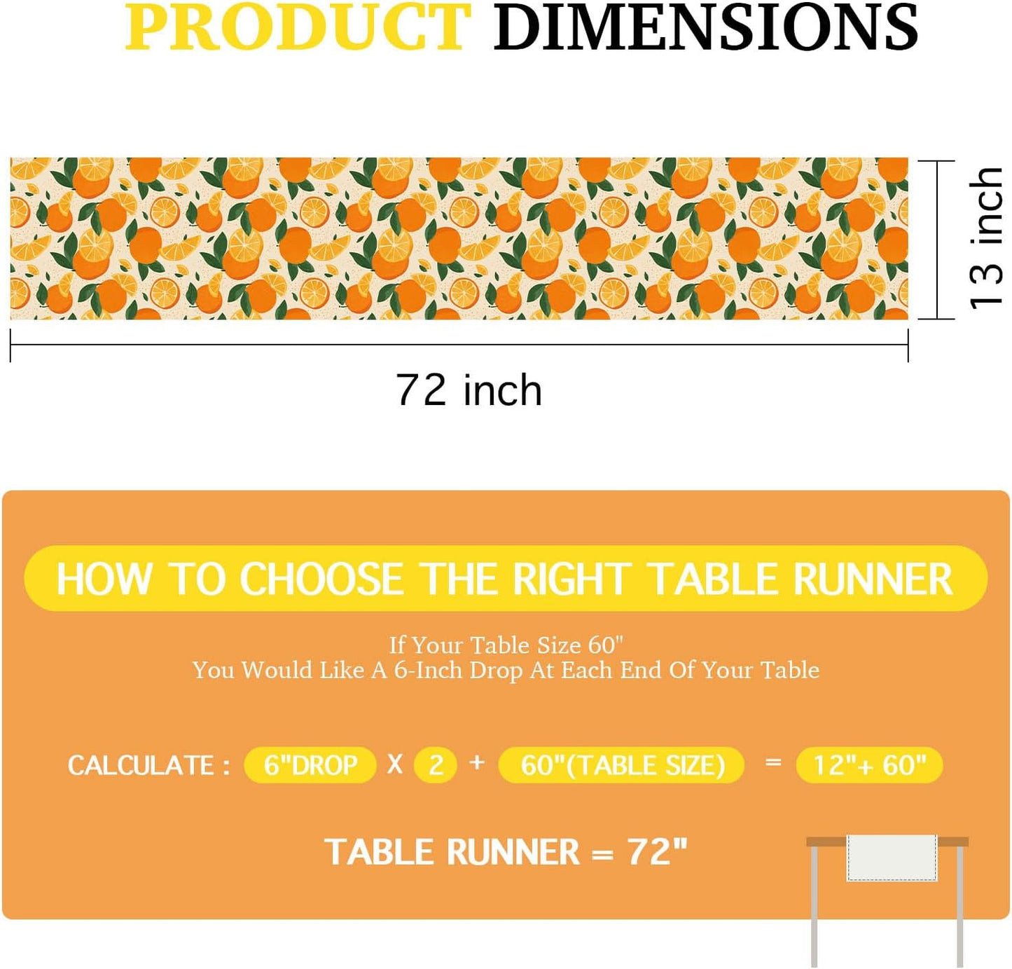 Orange Lemon Citrus Table Runner 13x72 Inch Burlap Farmhouse Dining Table Decor Pattern on Background Kitchen and Home Decoration for Spring Summer Gatherings