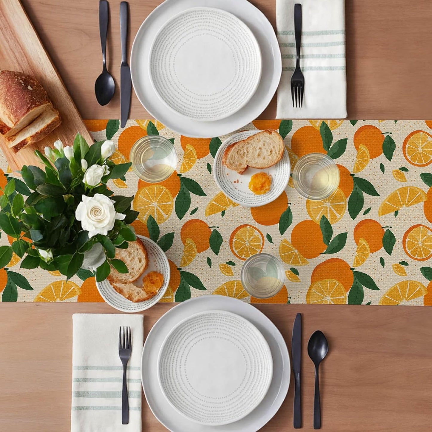 Orange Lemon Citrus Table Runner 13x72 Inch Burlap Farmhouse Dining Table Decor Pattern on Background Kitchen and Home Decoration for Spring Summer Gatherings