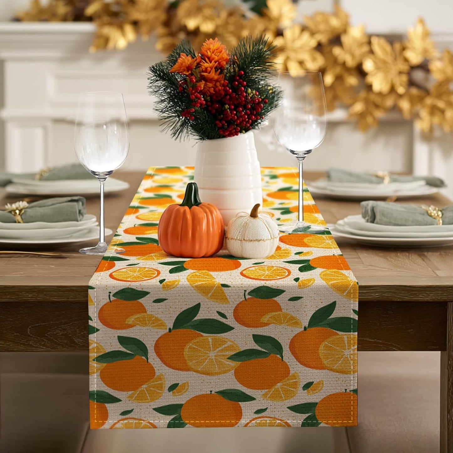 Orange Lemon Citrus Table Runner 13x72 Inch Burlap Farmhouse Dining Table Decor Pattern on Background Kitchen and Home Decoration for Spring Summer Gatherings
