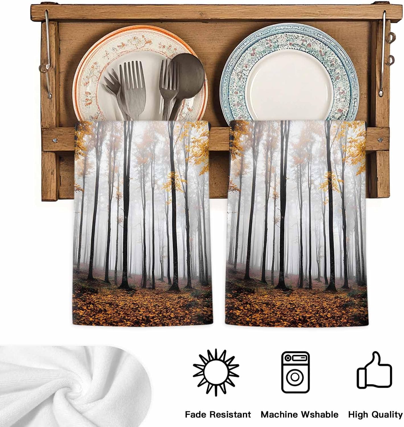 Fall Thanksgiving Kitchen Towels Forest Sunlight Soft Absorbent Dish Towel Yellow Leaves Tree Super Absorbent Soft Cotton Tea Towel 1 Pack