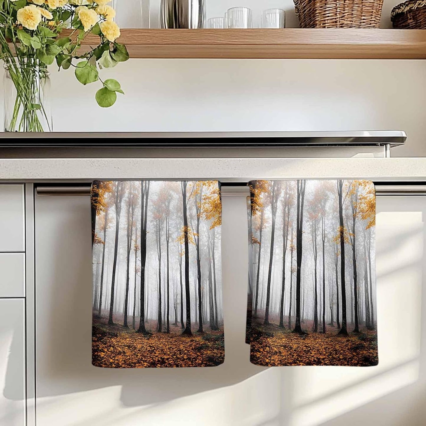 Fall Thanksgiving Kitchen Towels Forest Sunlight Soft Absorbent Dish Towel Yellow Leaves Tree Super Absorbent Soft Cotton Tea Towel 1 Pack