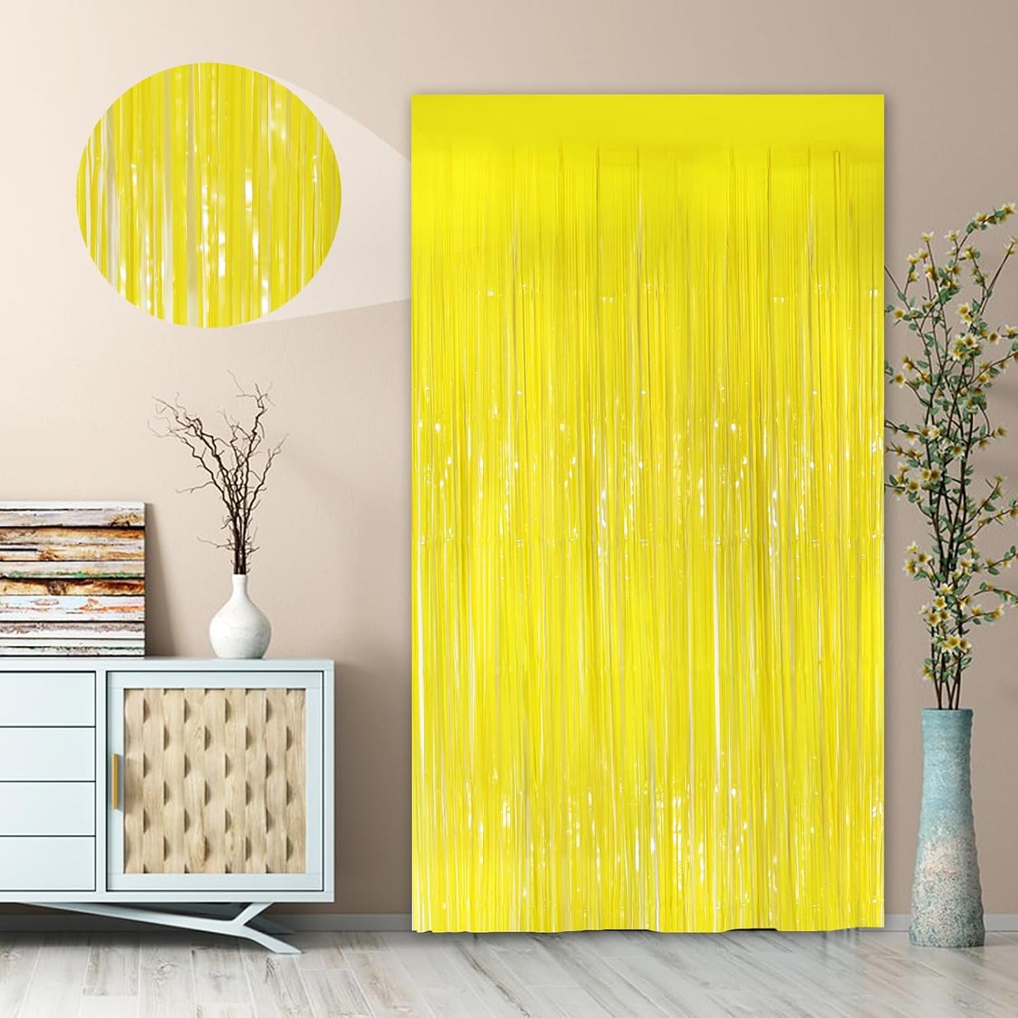 Macaron Yellow Metallic Tinsel Foil Fringe Curtains, 2Pack 3.3x8.3 Feet Streamer Backdrop Curtains for Birthday Wedding Party Decorations, Halloween Decor, Foil Curtain Backdrop for Bachelorette Party