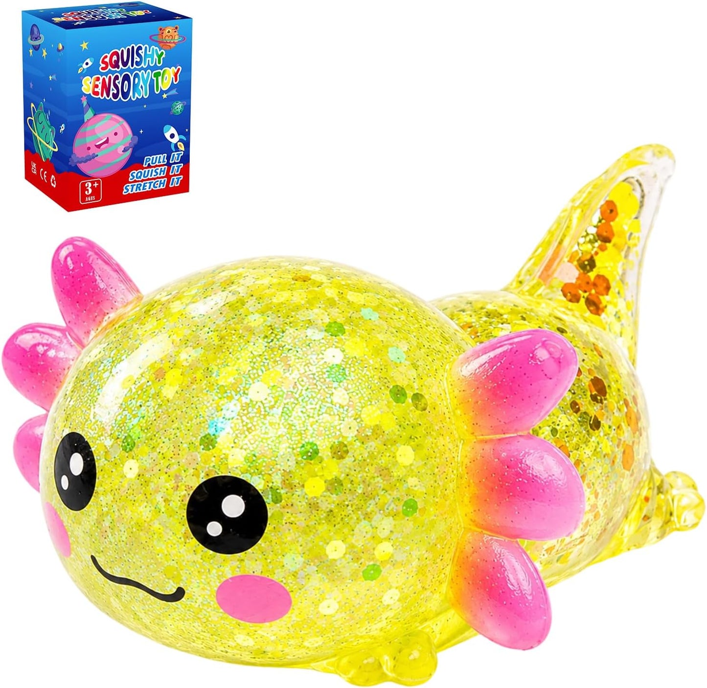 Glitter Axolotl Squishy Toy, Slow Rising Squeeze Sensory Toy (Yellow) | Sensory Fidget Toys Squishy for Anxiety for Kids Adults,Sensory Fidget Toys Squishy for Anxiety for Kids Youth Adults