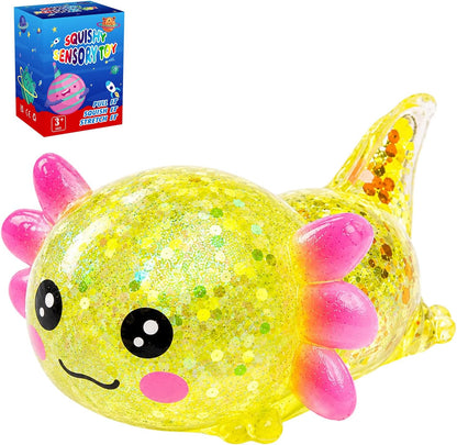 Glitter Axolotl Squishy Toy, Slow Rising Squeeze Sensory Toy (Yellow) | Sensory Fidget Toys Squishy for Anxiety for Kids Adults,Sensory Fidget Toys Squishy for Anxiety for Kids Youth Adults