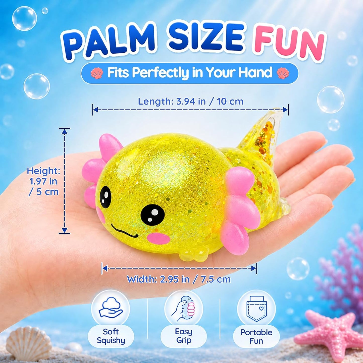 Glitter Axolotl Squishy Toy, Slow Rising Squeeze Sensory Toy (Yellow) | Sensory Fidget Toys Squishy for Anxiety for Kids Adults,Sensory Fidget Toys Squishy for Anxiety for Kids Youth Adults