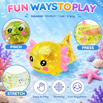 Glitter Axolotl Squishy Toy, Slow Rising Squeeze Sensory Toy (Yellow) | Sensory Fidget Toys Squishy for Anxiety for Kids Adults,Sensory Fidget Toys Squishy for Anxiety for Kids Youth Adults