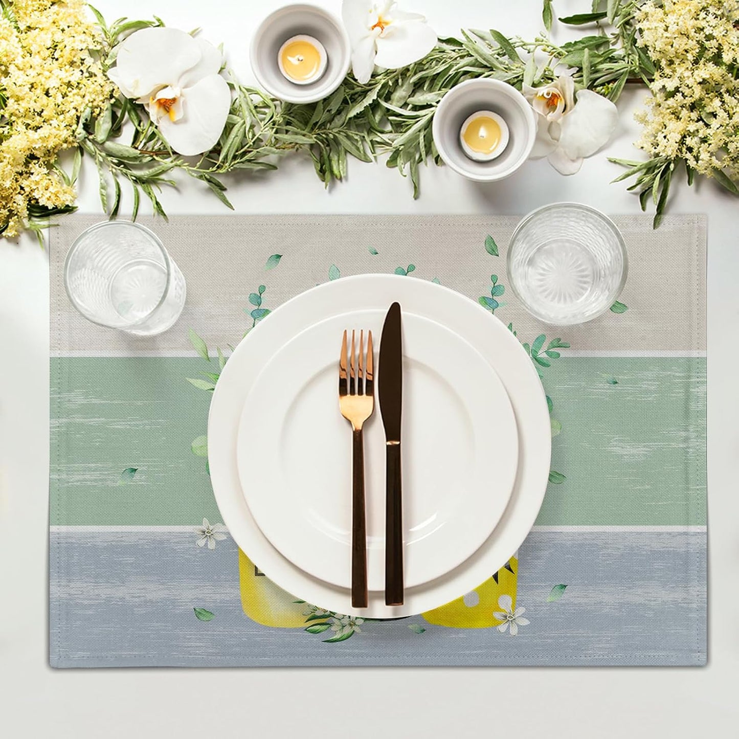 Lemon Floral Eucalyptus Vase Placemats Set of 4, 12 x 18 Inch Yellow Lemon Fruit Non-Slip Rectangle Place Mat Farmhouse Decoration for Spring Summer Seasonal Holiday Dining Table Mats