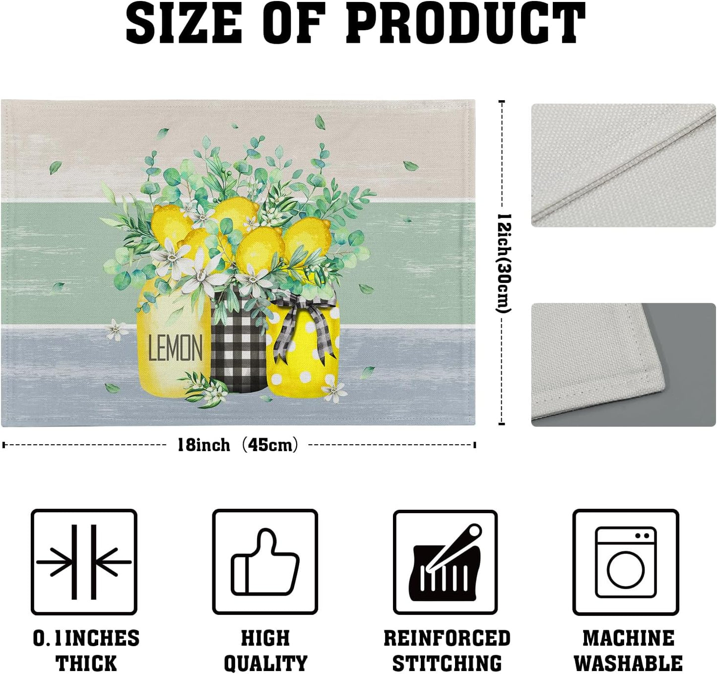 Lemon Floral Eucalyptus Vase Placemats Set of 4, 12 x 18 Inch Yellow Lemon Fruit Non-Slip Rectangle Place Mat Farmhouse Decoration for Spring Summer Seasonal Holiday Dining Table Mats