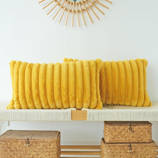 Faux Fur Plush Throw Pillow Covers, Mustard Yellow, 12 x 20-Inch | Pack of 2, Couch Cushion Case, Soft Pillowcases, Decorative