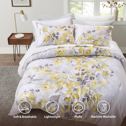 Queen Comforter Set Yellow Bed Set, 9 Pieces Cute Floral Bedding Set Ultra Soft Botanical Flowers Comforter, Sheets, Pillowcases & Shams