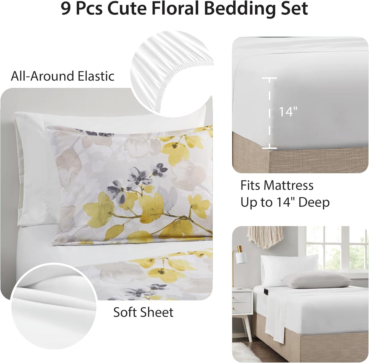 Queen Comforter Set Yellow Bed Set, 9 Pieces Cute Floral Bedding Set Ultra Soft Botanical Flowers Comforter, Sheets, Pillowcases & Shams