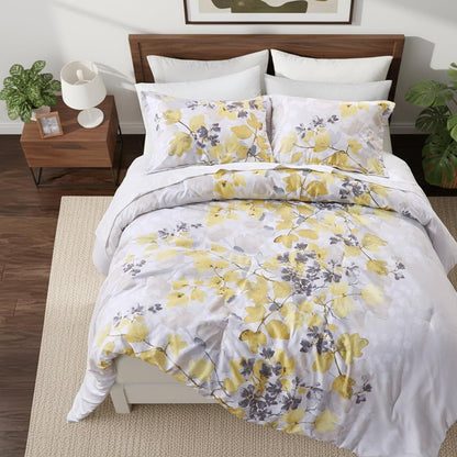 Queen Comforter Set Yellow Bed Set, 9 Pieces Cute Floral Bedding Set Ultra Soft Botanical Flowers Comforter, Sheets, Pillowcases & Shams