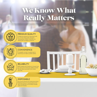 Yellow 6 Pack Premium Disposable Plastic Table Runner 14 x 108 Inch. Table Runner for Dinner Parties & Events
